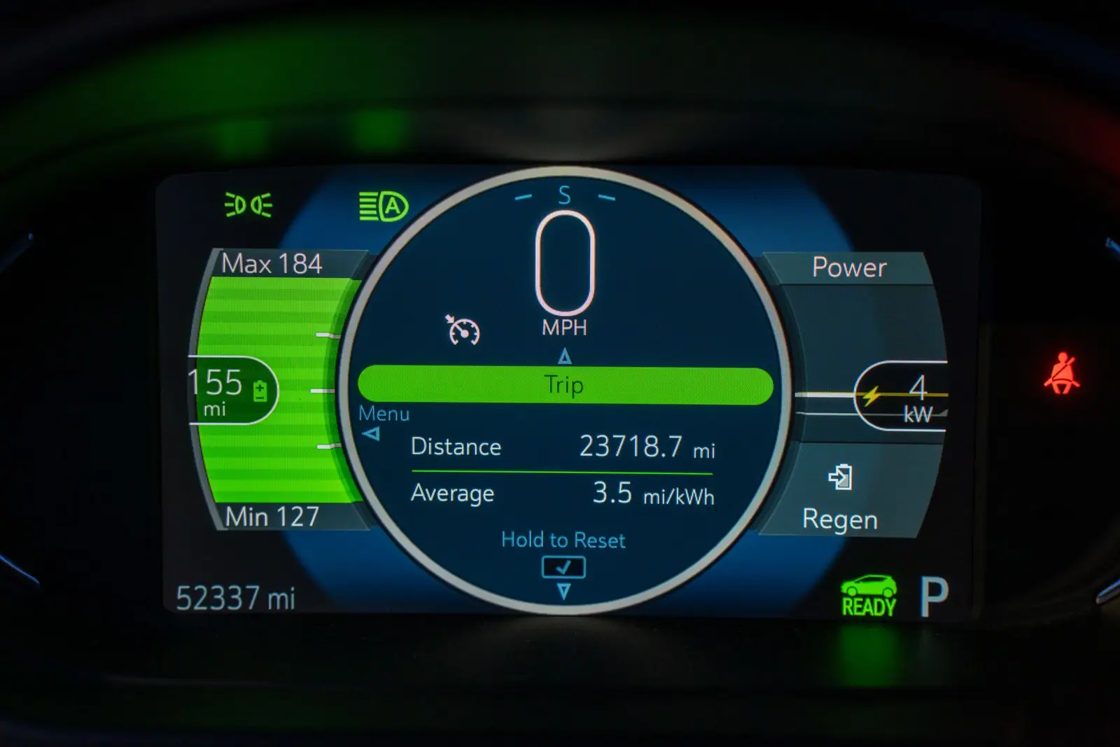 An illuminated car instrument display showing speed, mileage, energy use and a range estimate